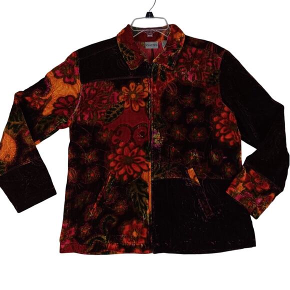 Chicos Fleece Jacket Womens 2 Large Purple/Red Floral Soft Silk Blend Luxury - Picture 2 of 14
